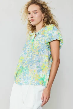 Current Air Short Sleeve Tops-Abstract Floral Print Top YELLOWMULTI