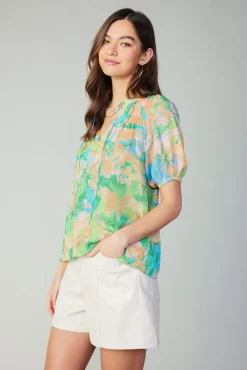 Current Air Short Sleeve Tops-Abstract Split Neck Blouse GREENORANGE