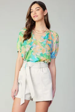 Current Air Short Sleeve Tops-Abstract Split Neck Blouse GREENORANGE