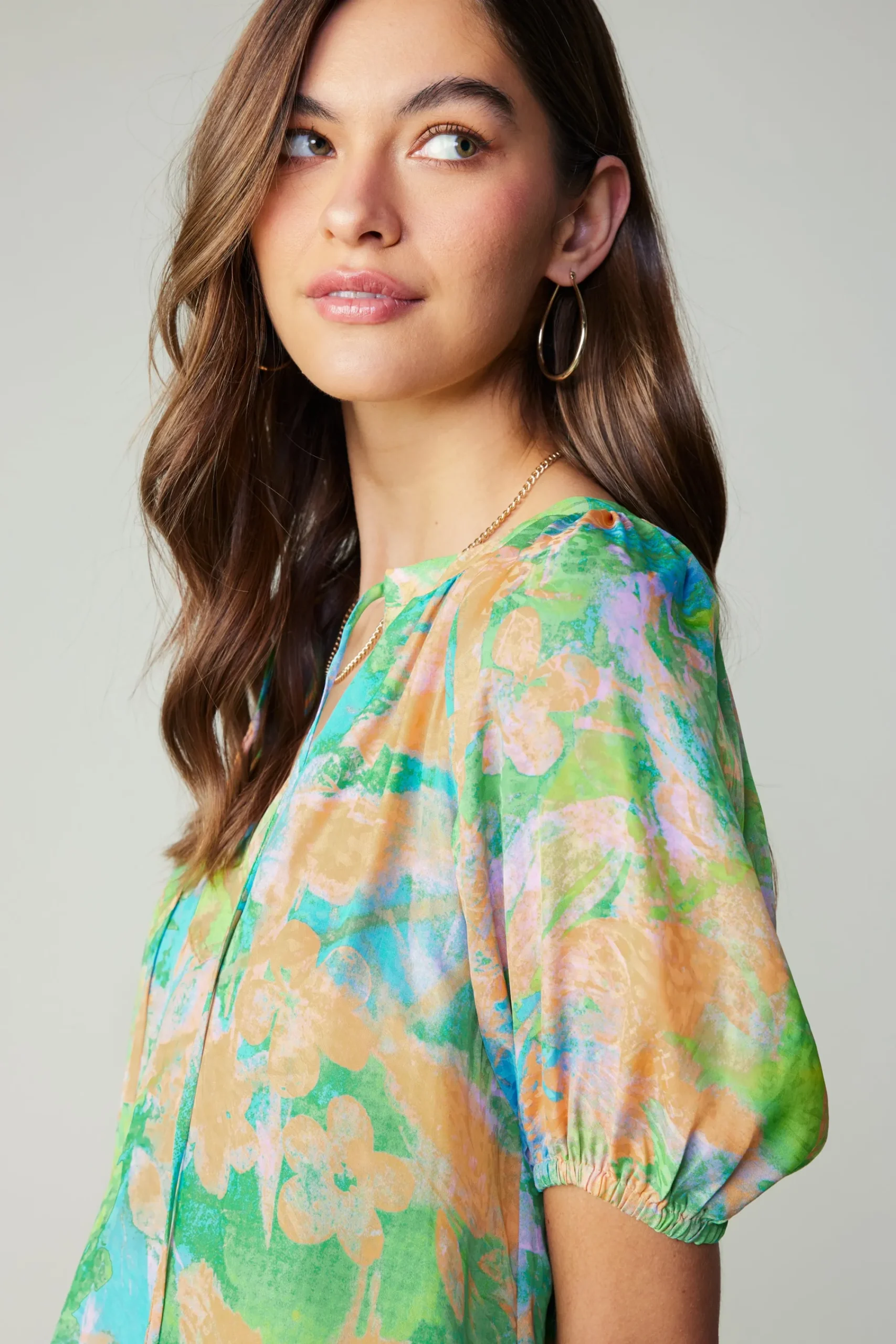 Current Air Short Sleeve Tops-Abstract Split Neck Blouse GREENORANGE
