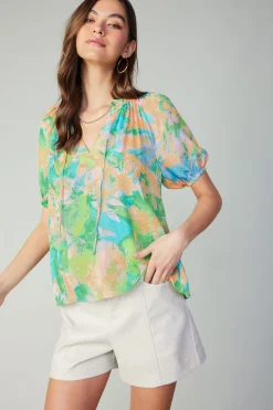 Current Air Short Sleeve Tops-Abstract Split Neck Blouse GREENORANGE