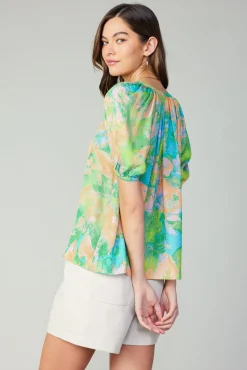 Current Air Short Sleeve Tops-Abstract Split Neck Blouse GREENORANGE
