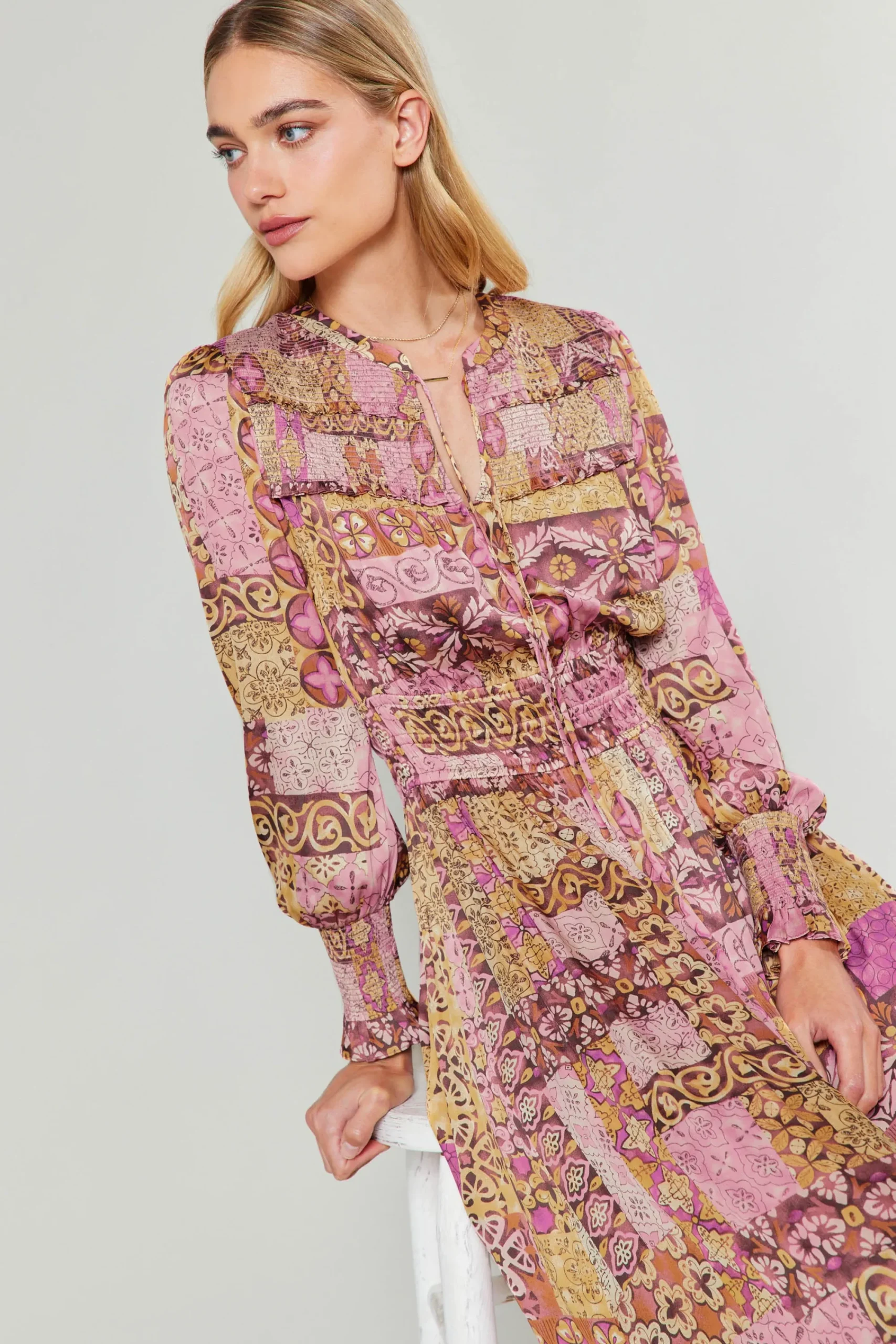 Current Air Midi Dresses-Aida Quilted Pattern Midi Dress PINKMLT