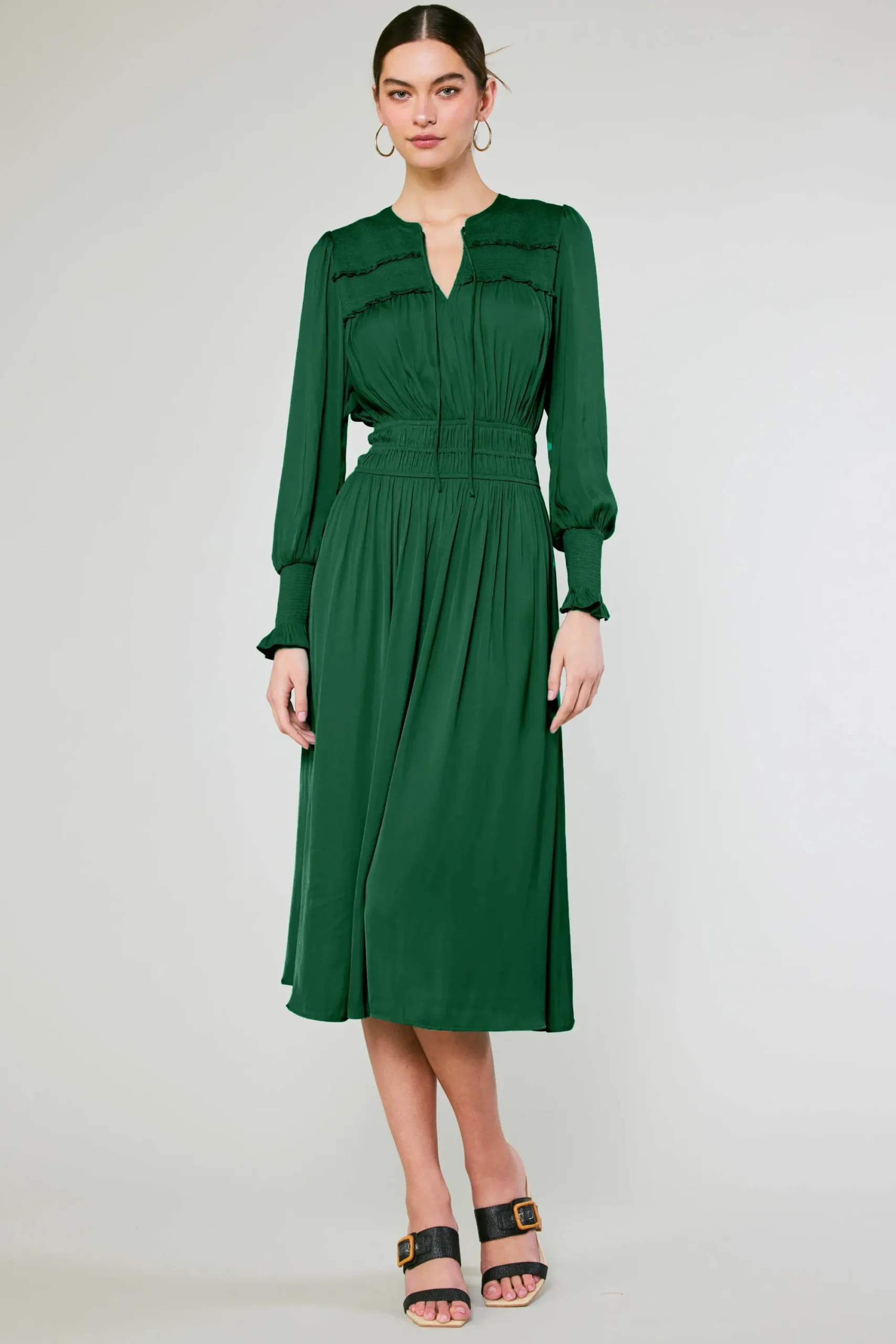 Current Air Midi Dresses-Aida Smocked Midi Dress EMERALDGREEN
