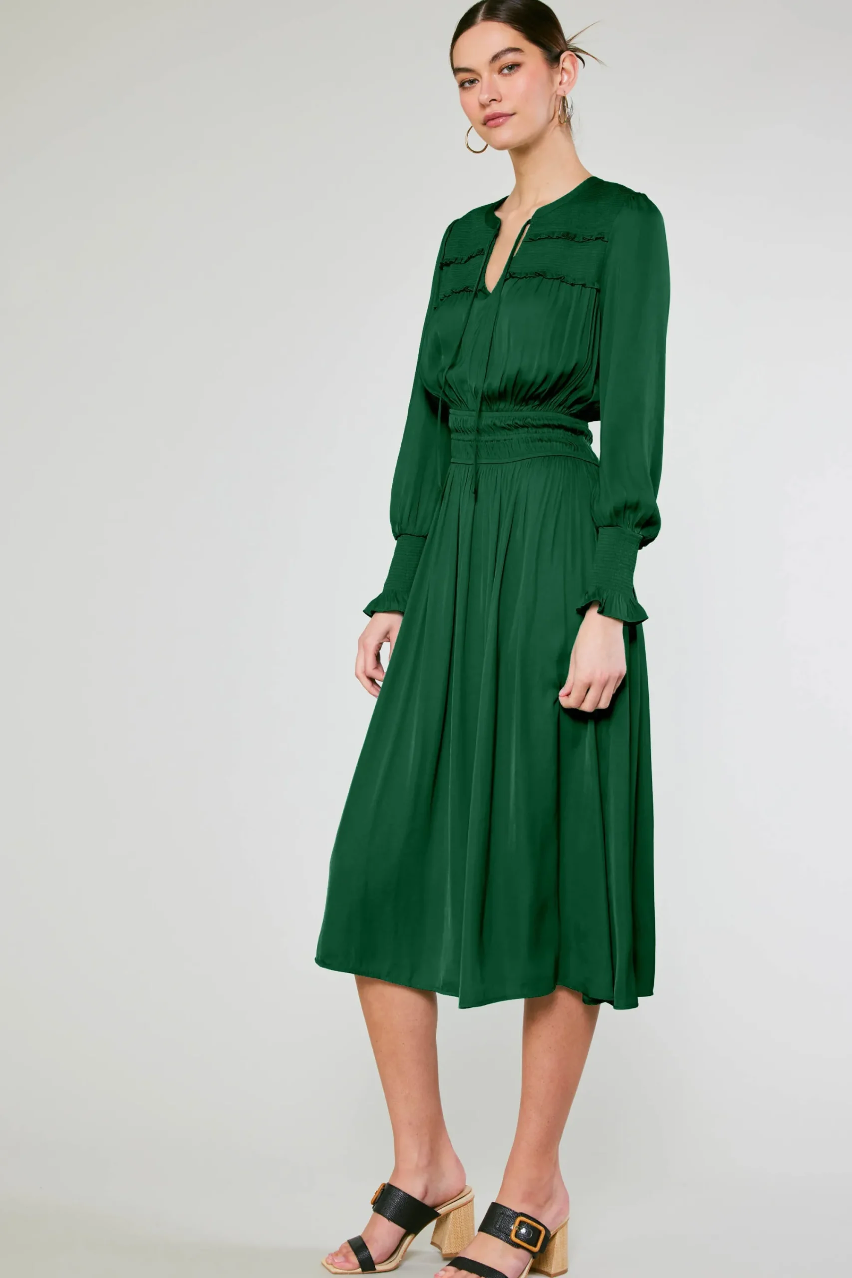 Current Air Midi Dresses-Aida Smocked Midi Dress EMERALDGREEN