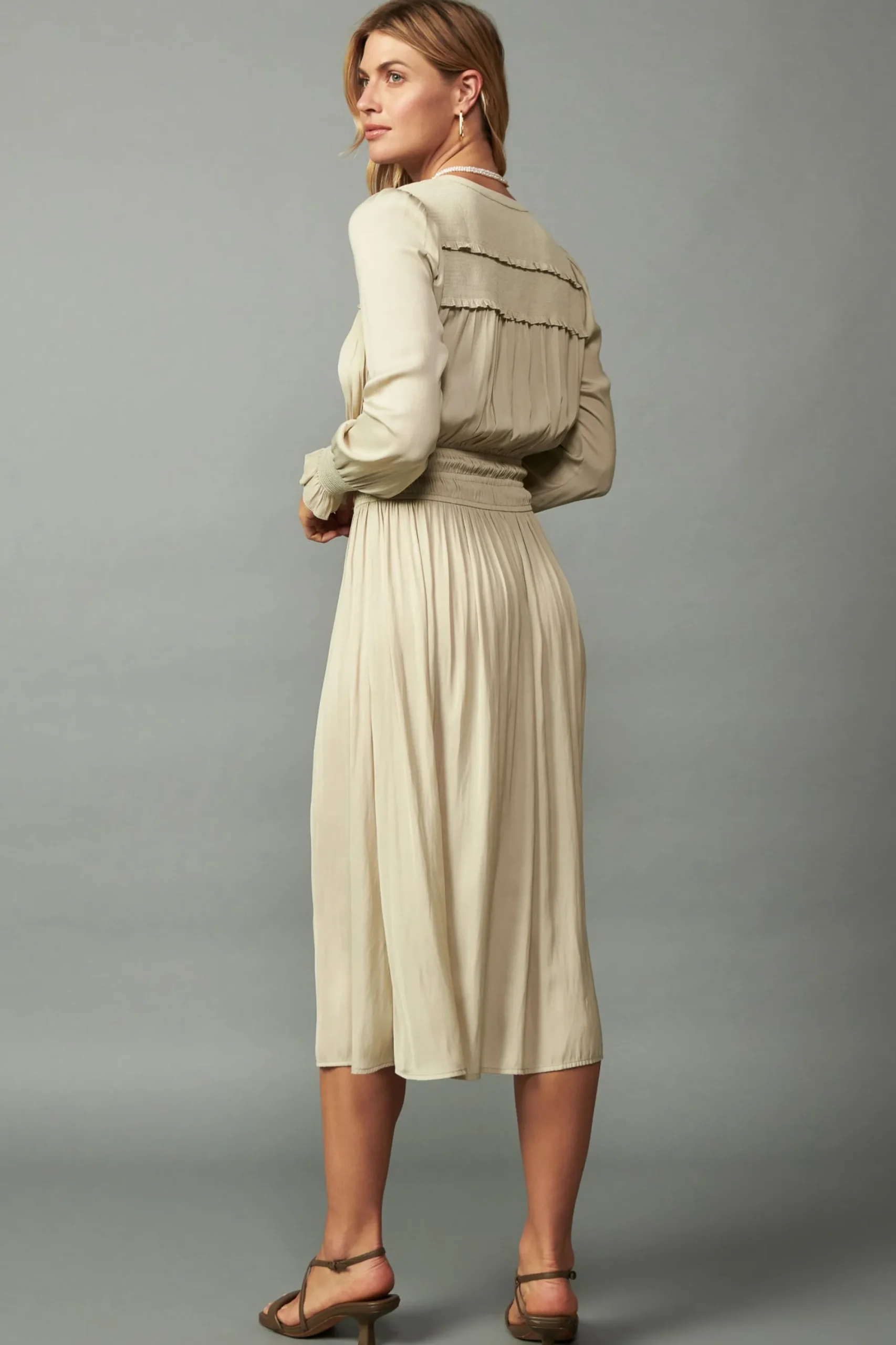Current Air Midi Dresses-Aida Smocked Midi Dress TAUPE