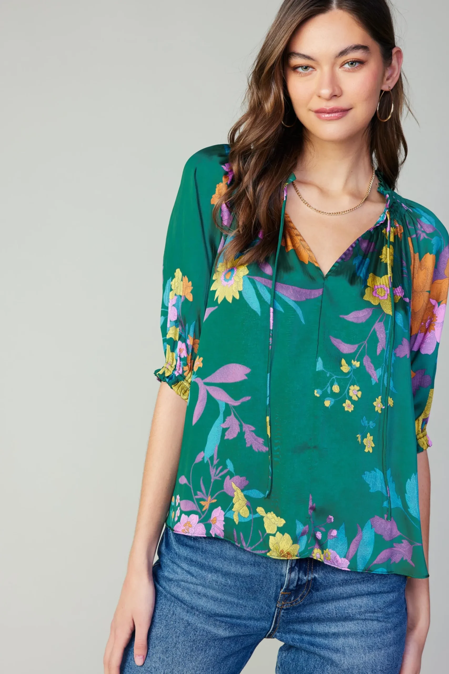 Current Air Long Sleeve Tops-Angelica Floral Blouse GREENFLORAL