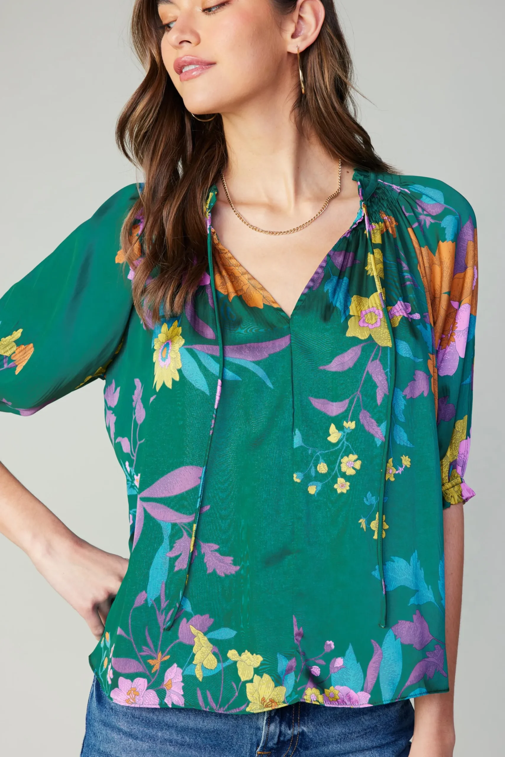 Current Air Long Sleeve Tops-Angelica Floral Blouse GREENFLORAL