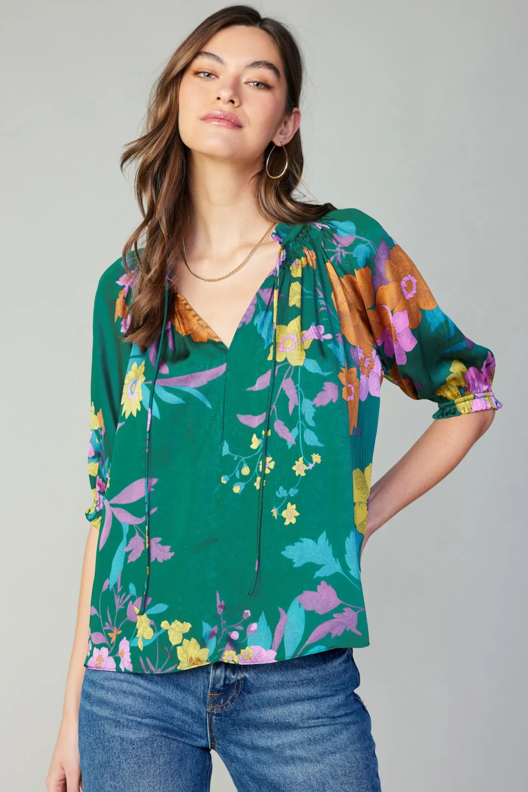 Current Air Long Sleeve Tops-Angelica Floral Blouse GREENFLORAL
