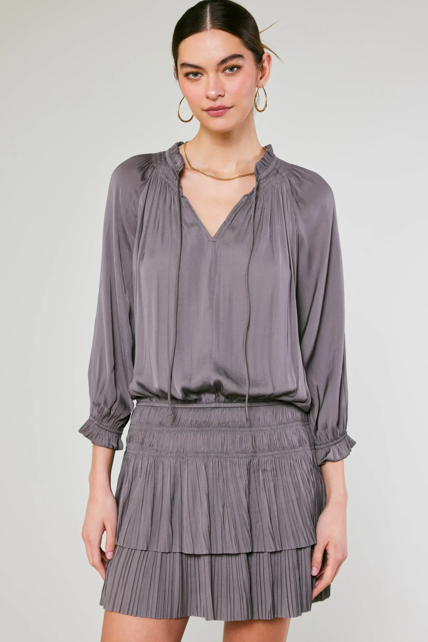 Current Air Mini Dresses-Aurelie Pleated Mini Dress TAUPEGREY
