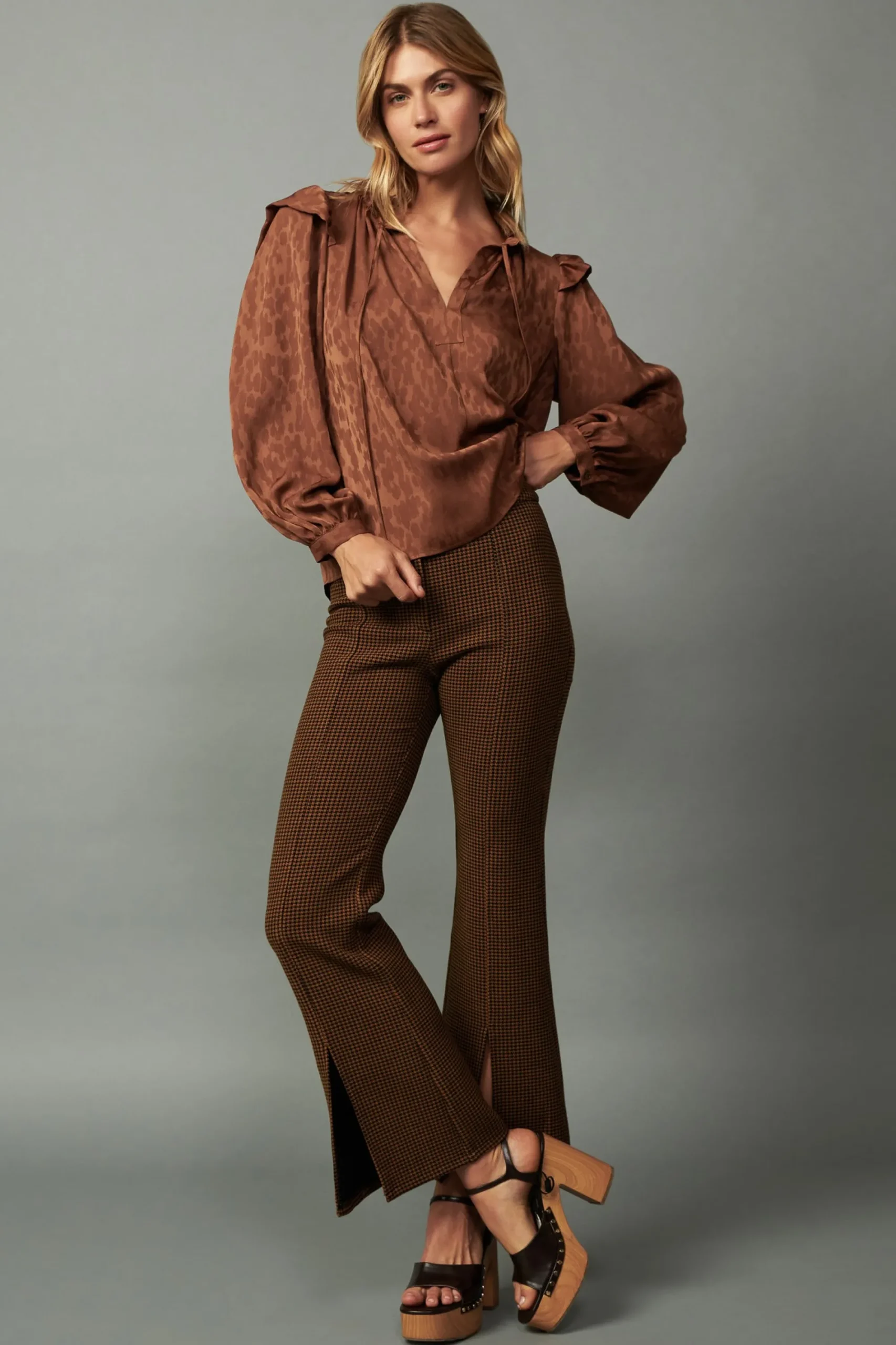 Current Air Long Sleeve Tops-Autumn Puff Sleeve Blouse CARAMEL