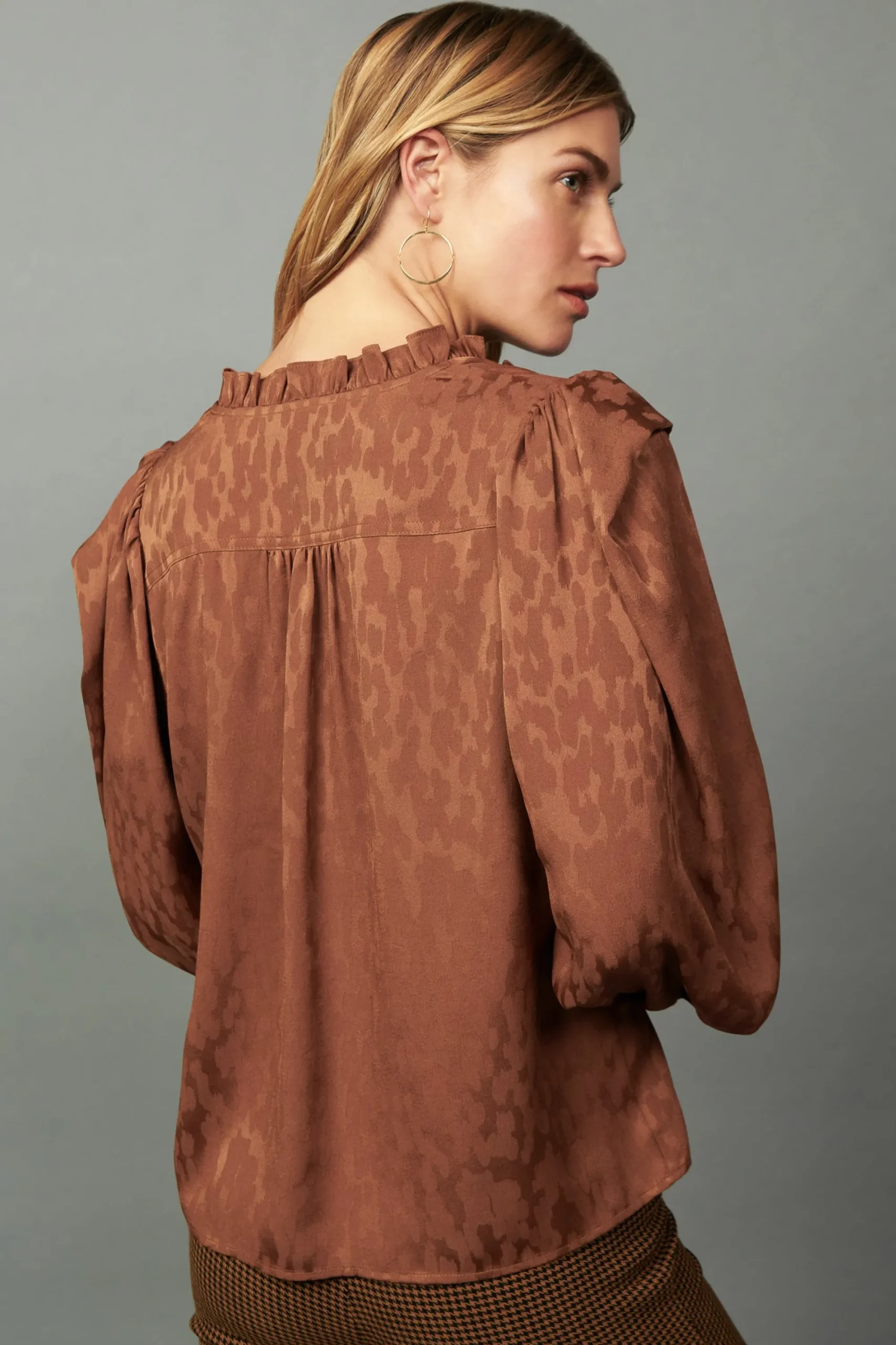 Current Air Long Sleeve Tops-Autumn Puff Sleeve Blouse CARAMEL