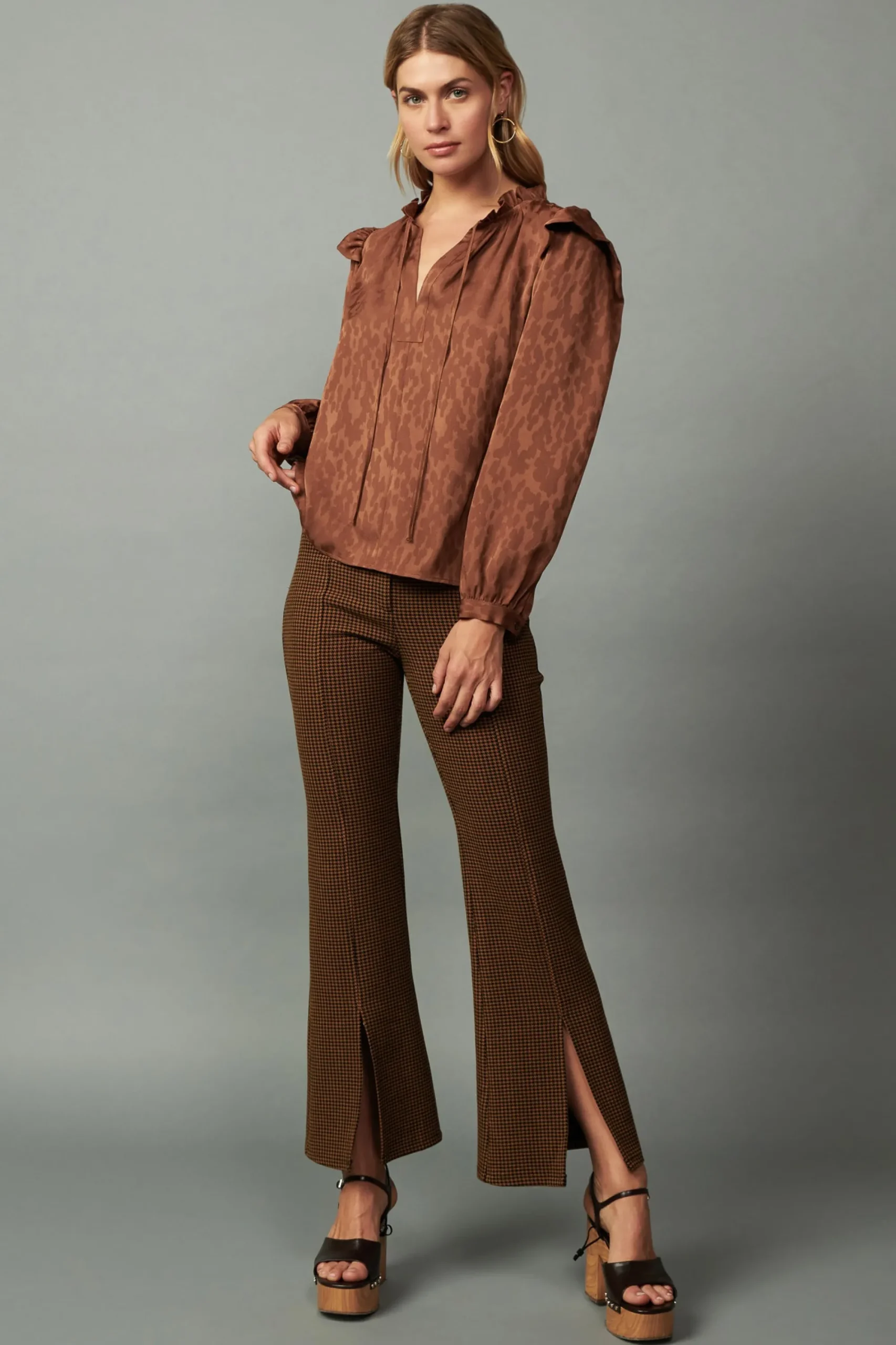Current Air Long Sleeve Tops-Autumn Puff Sleeve Blouse CARAMEL