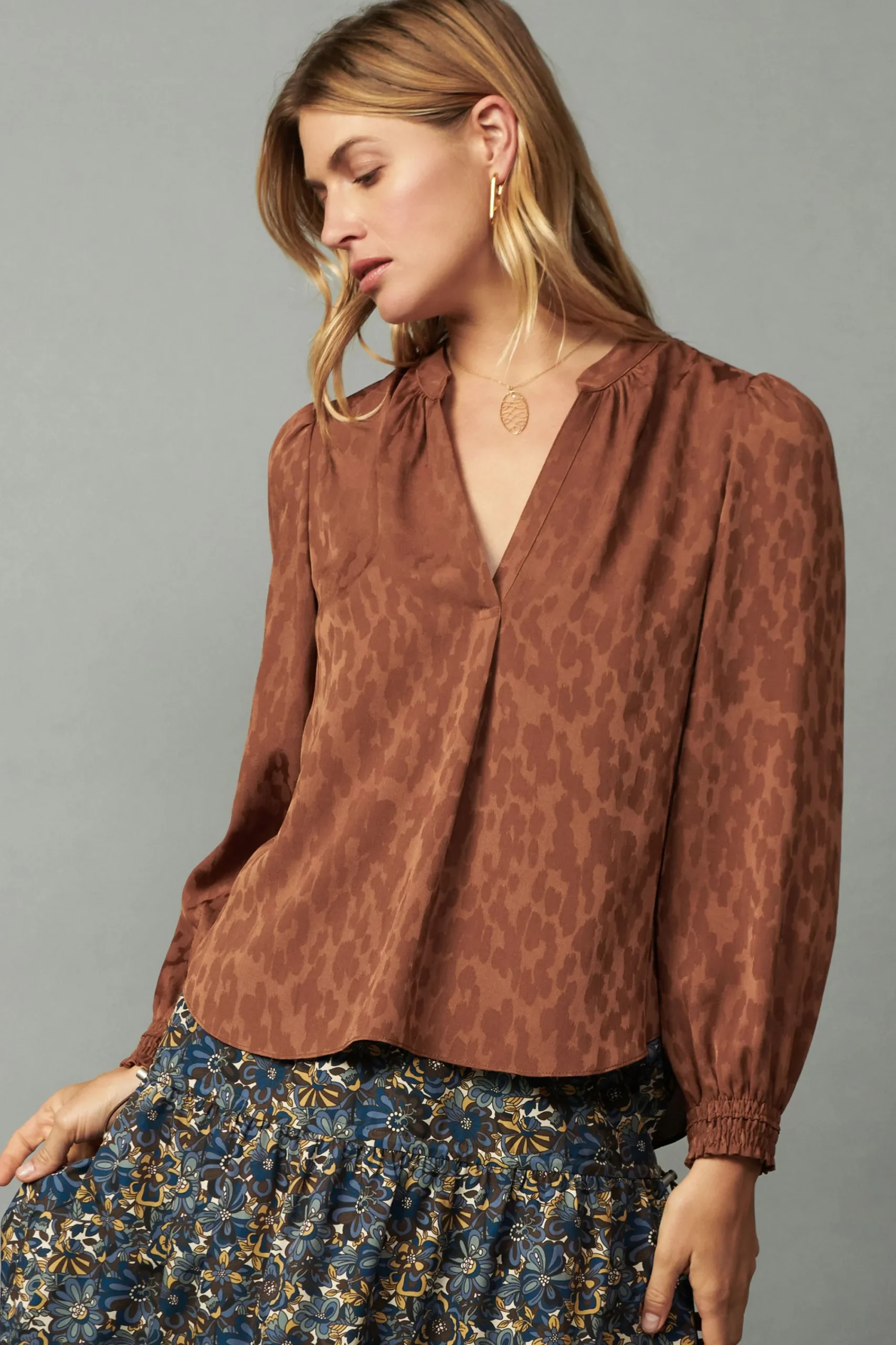 Current Air Long Sleeve Tops-Autumn Split Neck Blouse CARAMEL