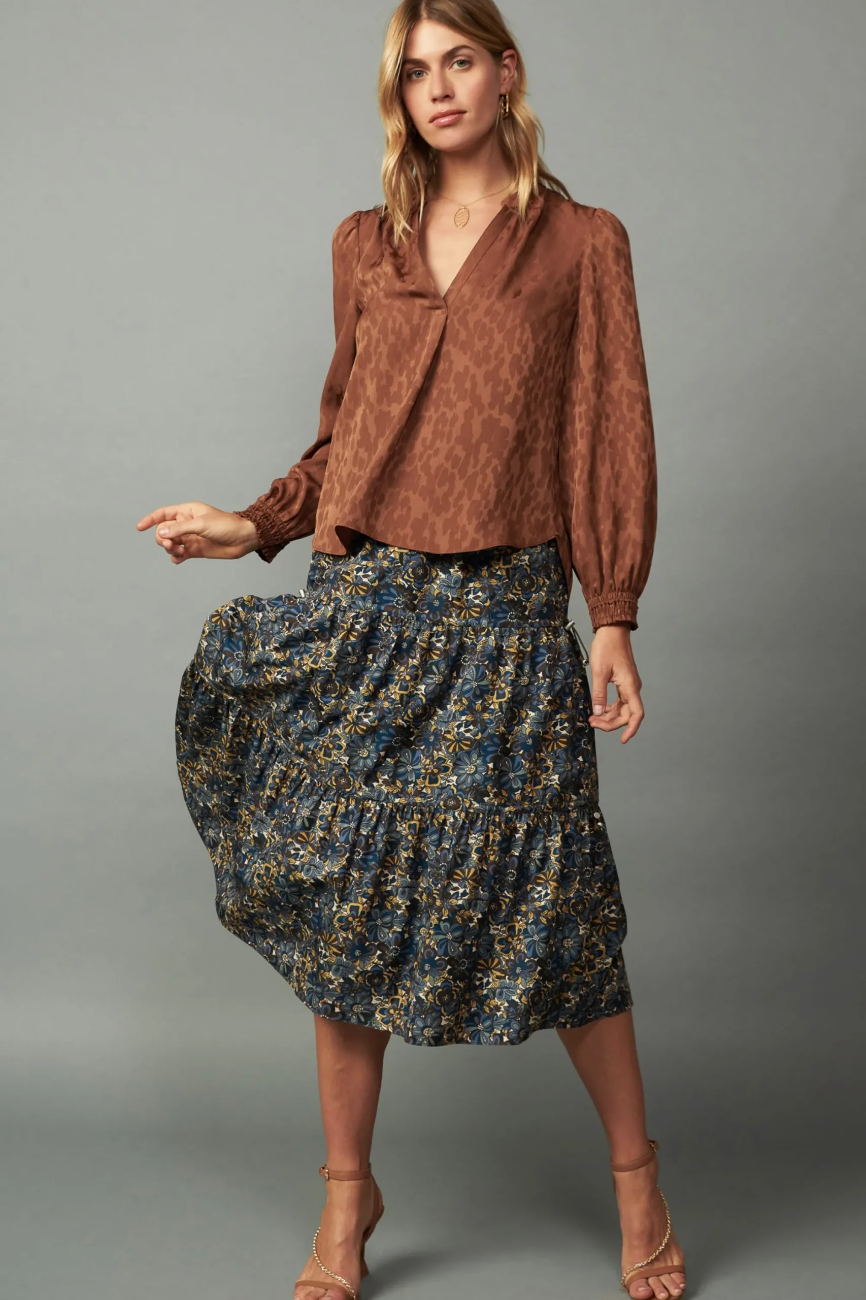 Current Air Long Sleeve Tops-Autumn Split Neck Blouse CARAMEL