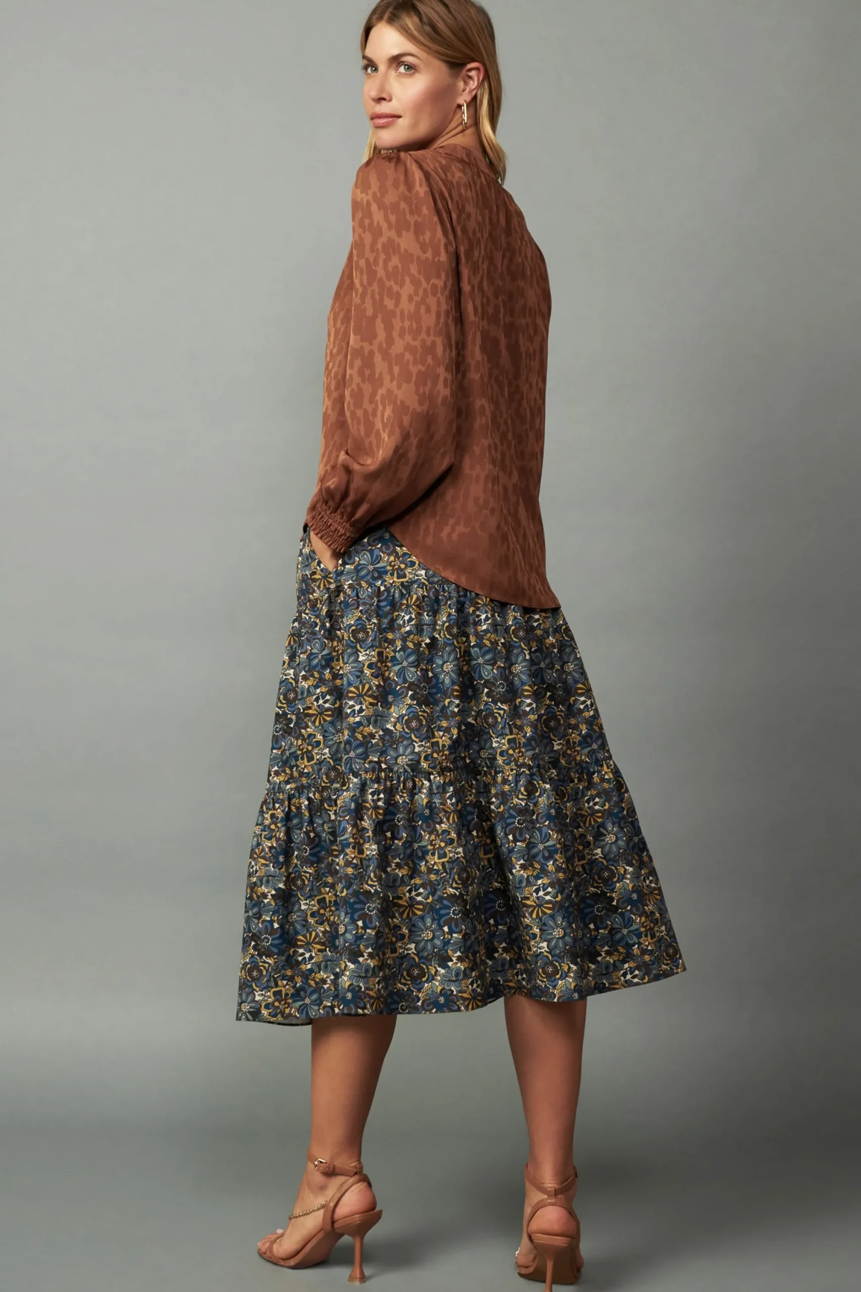Current Air Long Sleeve Tops-Autumn Split Neck Blouse CARAMEL