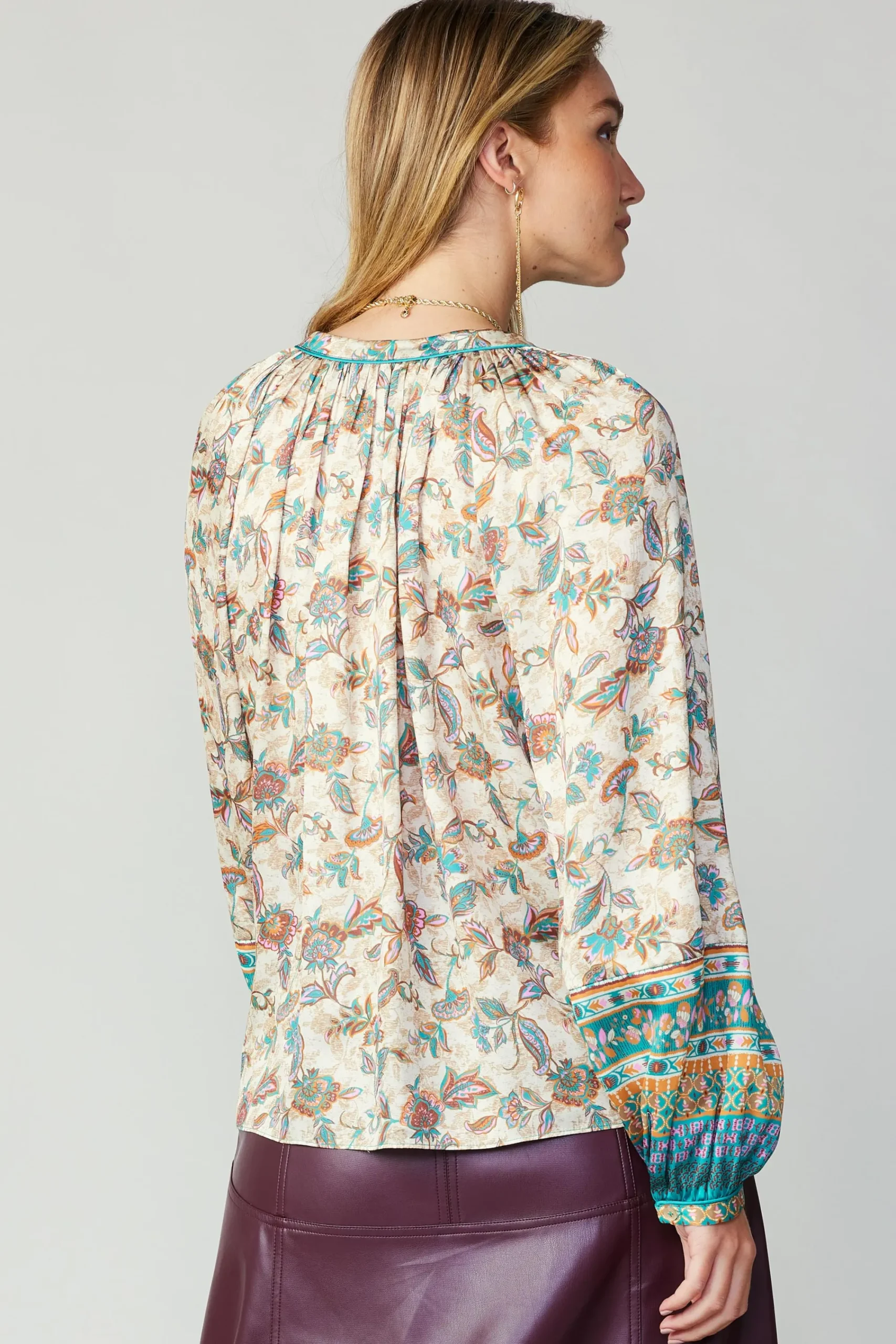 Current Air Long Sleeve Tops-Autumnal Border Print Blouse PINKGREENMLT
