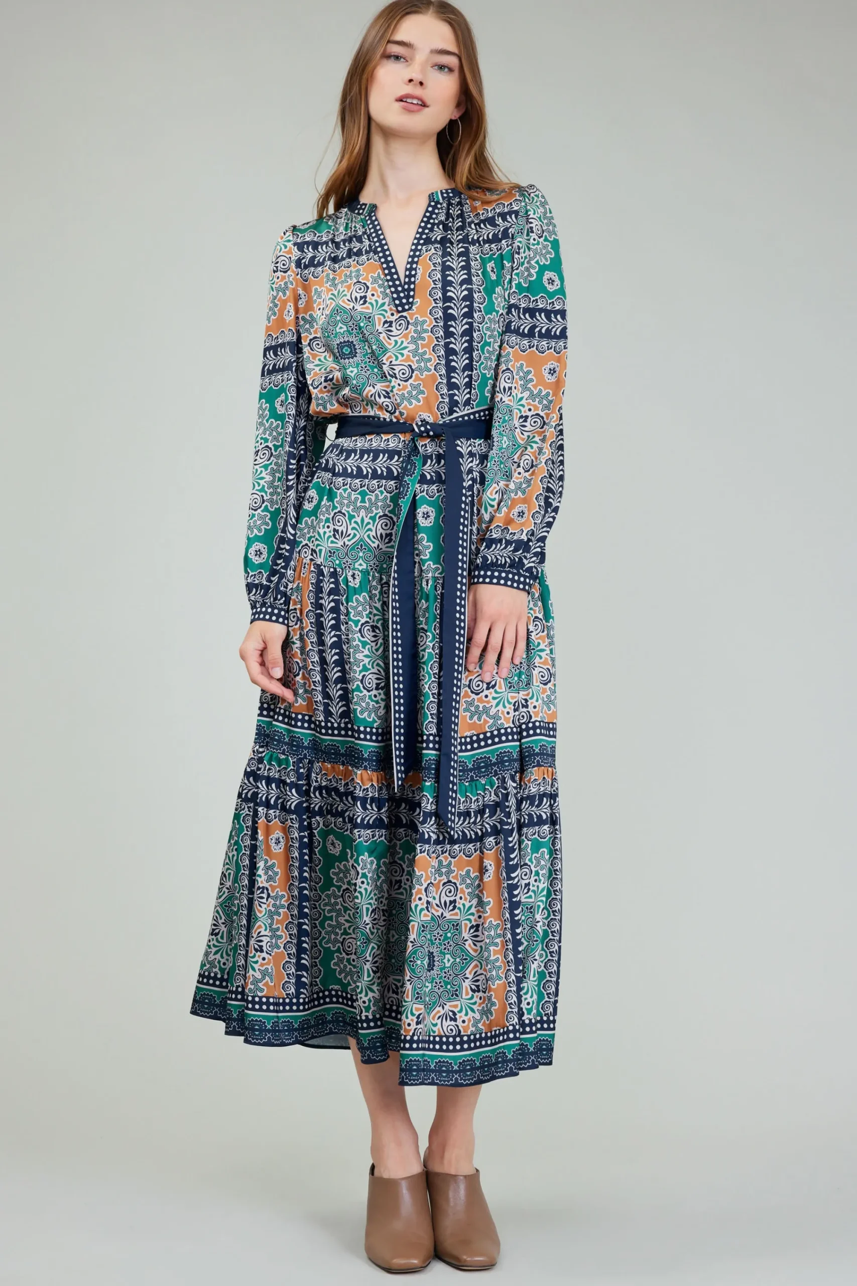 Current Air Maxi Dresses | Midi Dresses-Belted Abstract Midi Dress GREENMLT