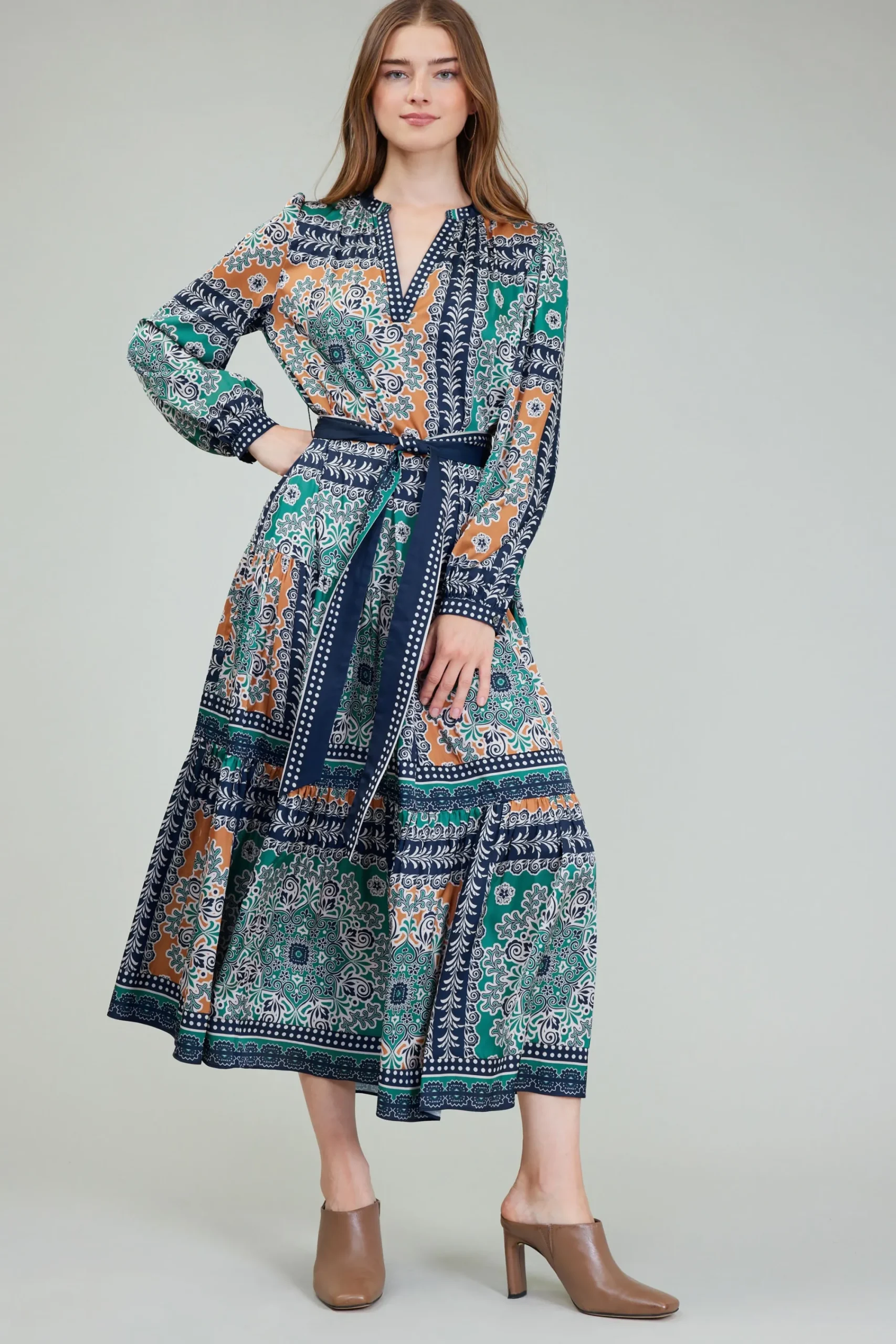 Current Air Maxi Dresses | Midi Dresses-Belted Abstract Midi Dress GREENMLT