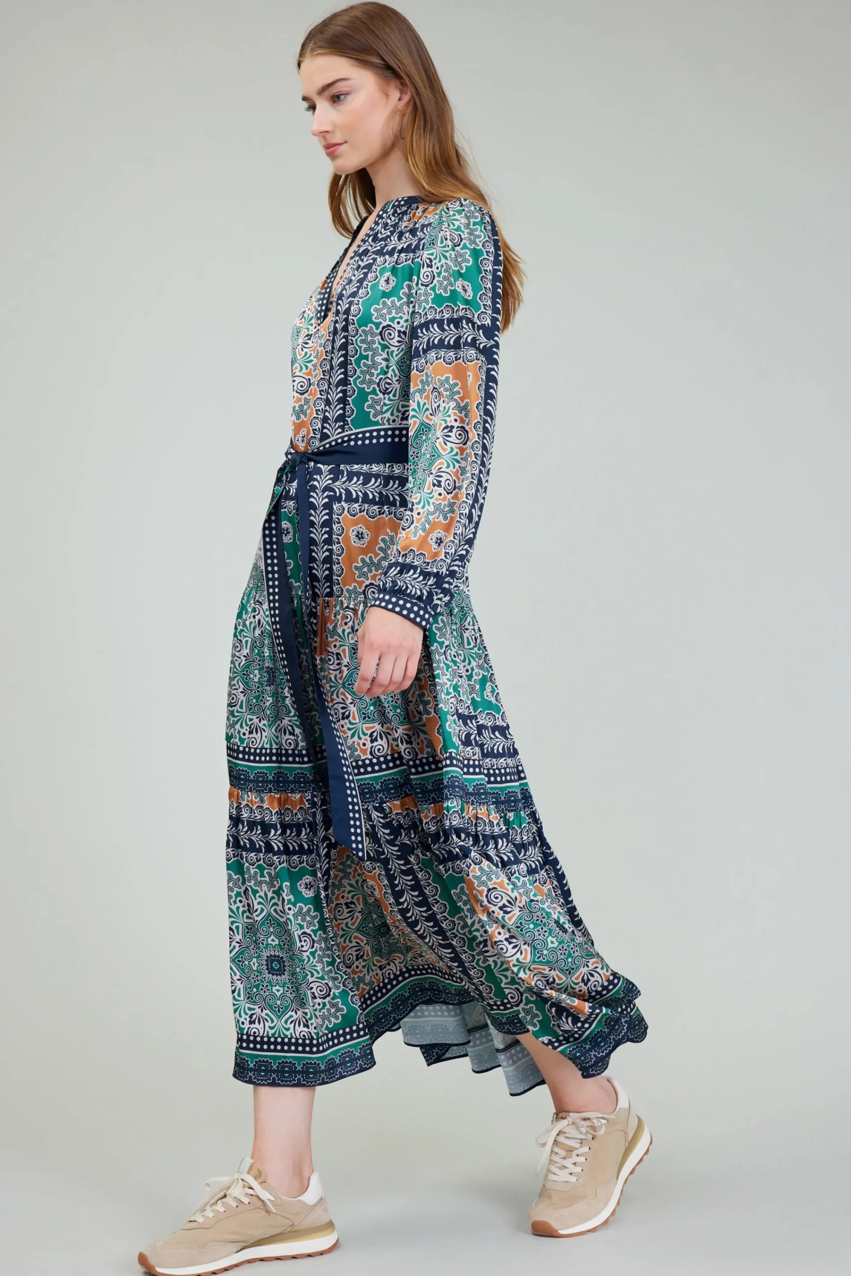 Current Air Maxi Dresses | Midi Dresses-Belted Abstract Midi Dress GREENMLT