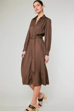 Current Air Midi Dresses-Belted Buttondown Shirt Dress COCOA
