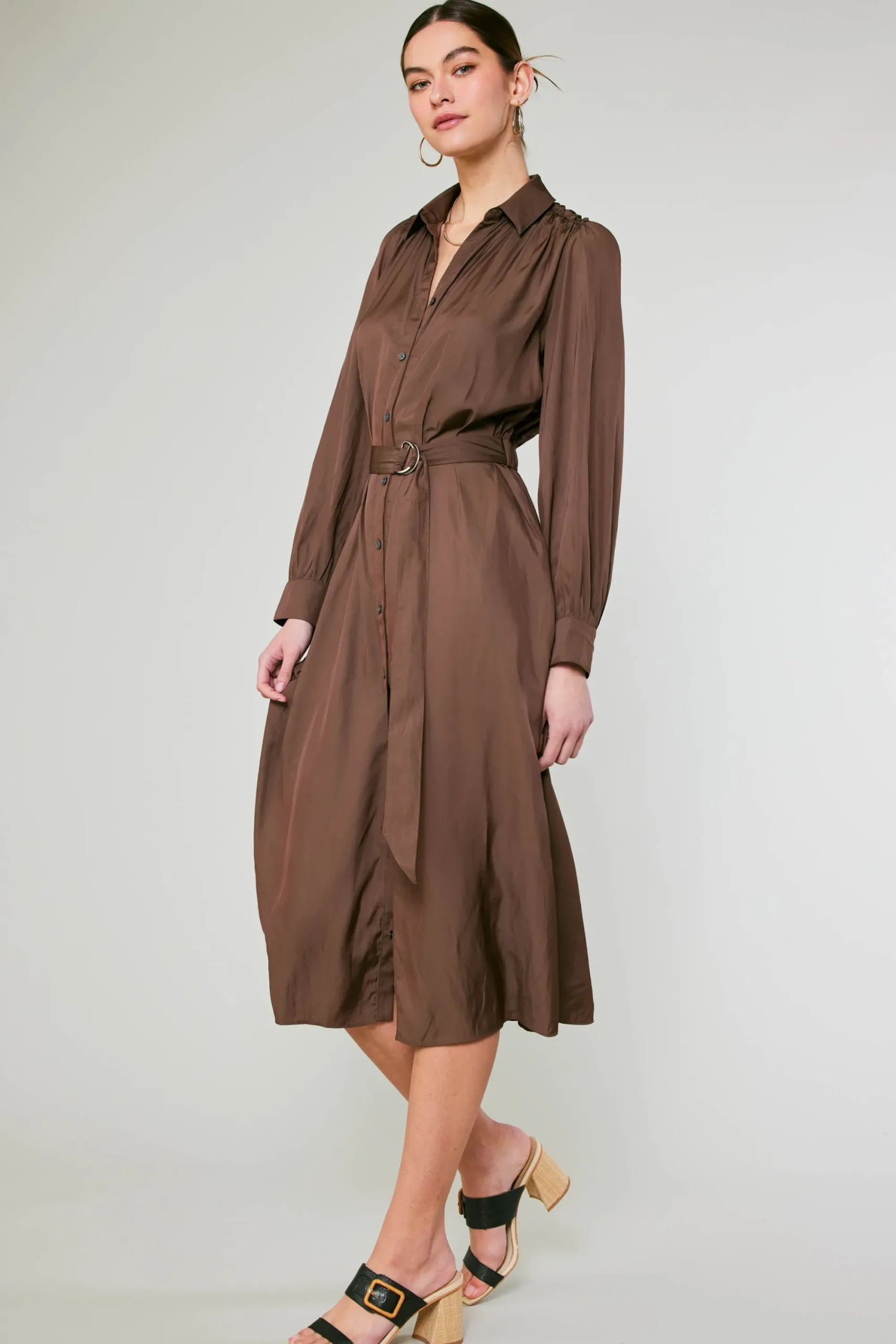 Current Air Midi Dresses-Belted Buttondown Shirt Dress COCOA