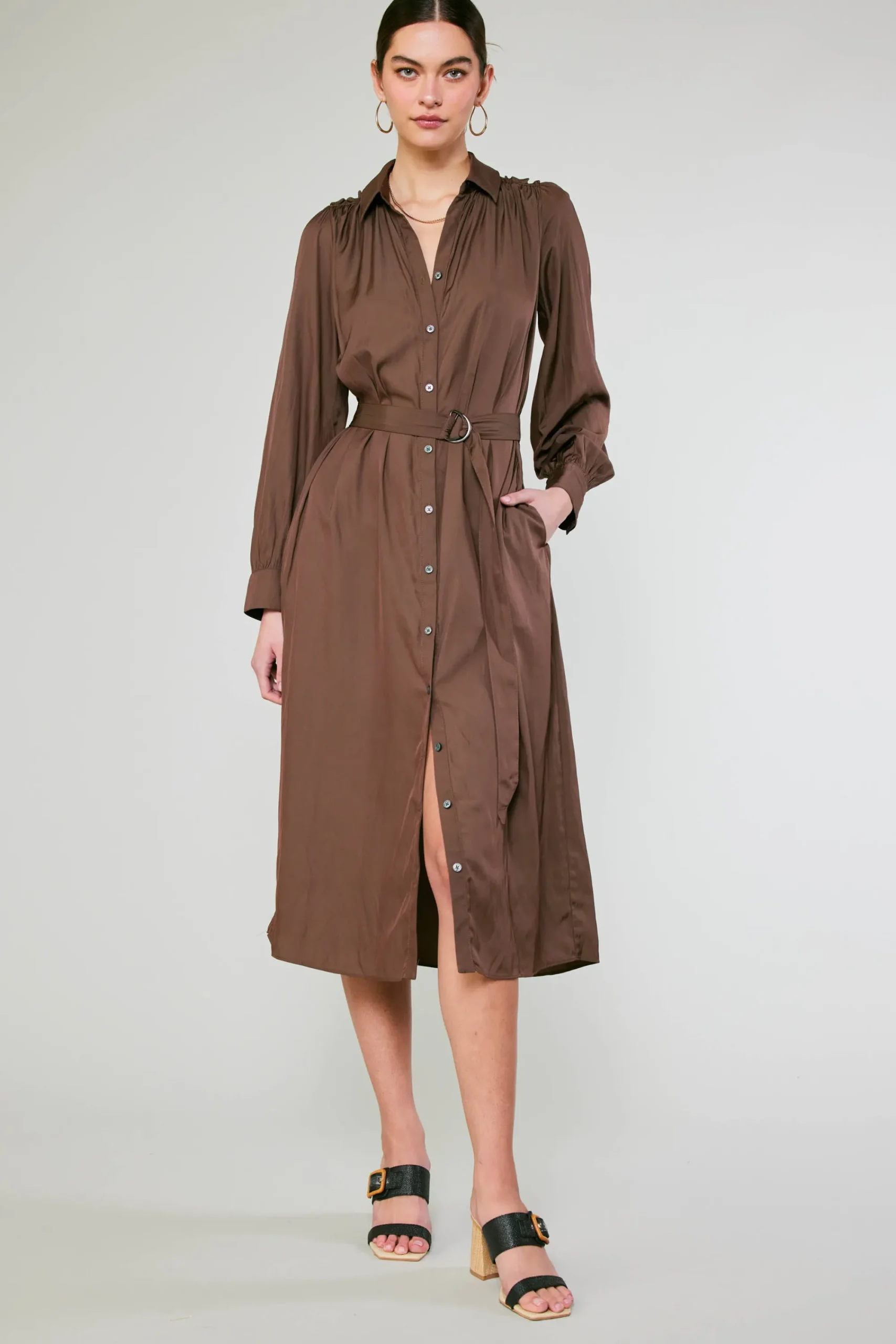 Current Air Midi Dresses-Belted Buttondown Shirt Dress COCOA