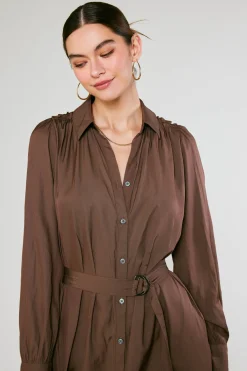 Current Air Midi Dresses-Belted Buttondown Shirt Dress COCOA