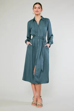 Current Air Midi Dresses-Belted Buttondown Shirt Dress FORESTGREEN
