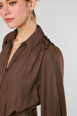 Current Air Midi Dresses-Belted Buttondown Shirt Dress COCOA