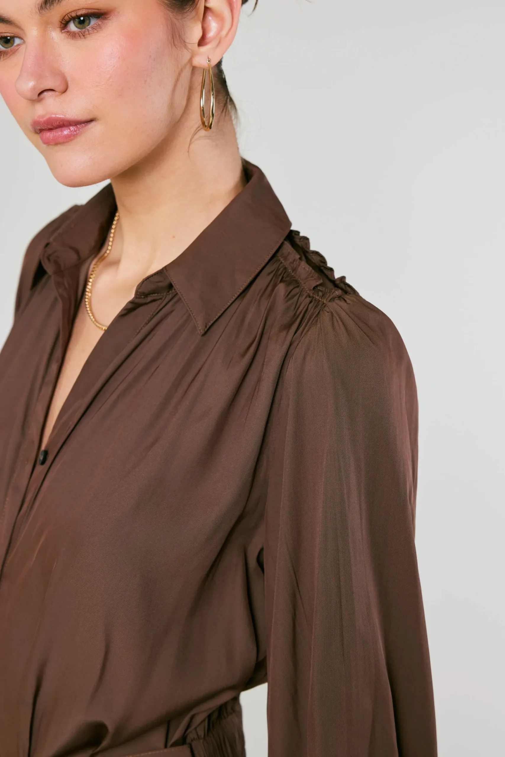 Current Air Midi Dresses-Belted Buttondown Shirt Dress COCOA