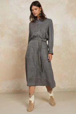 Current Air Skirts-Belted Chambray Midi Skirt WASHEDBLACK