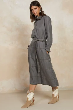 Current Air Skirts-Belted Chambray Midi Skirt WASHEDBLACK