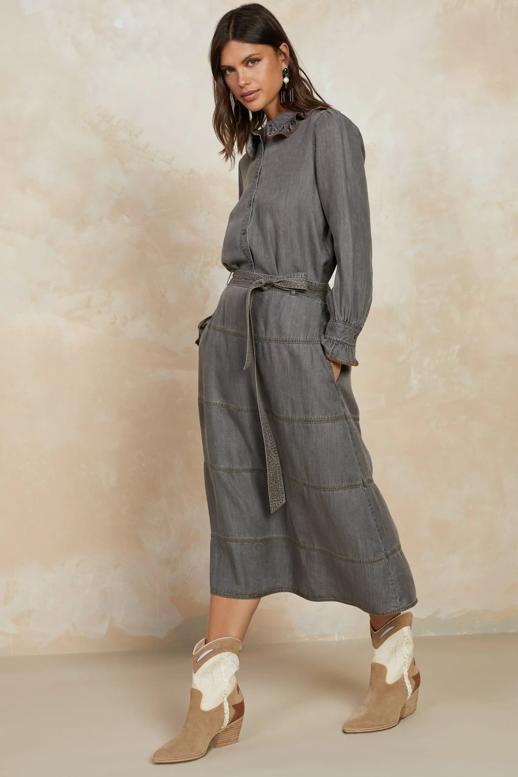 Current Air Skirts-Belted Chambray Midi Skirt WASHEDBLACK