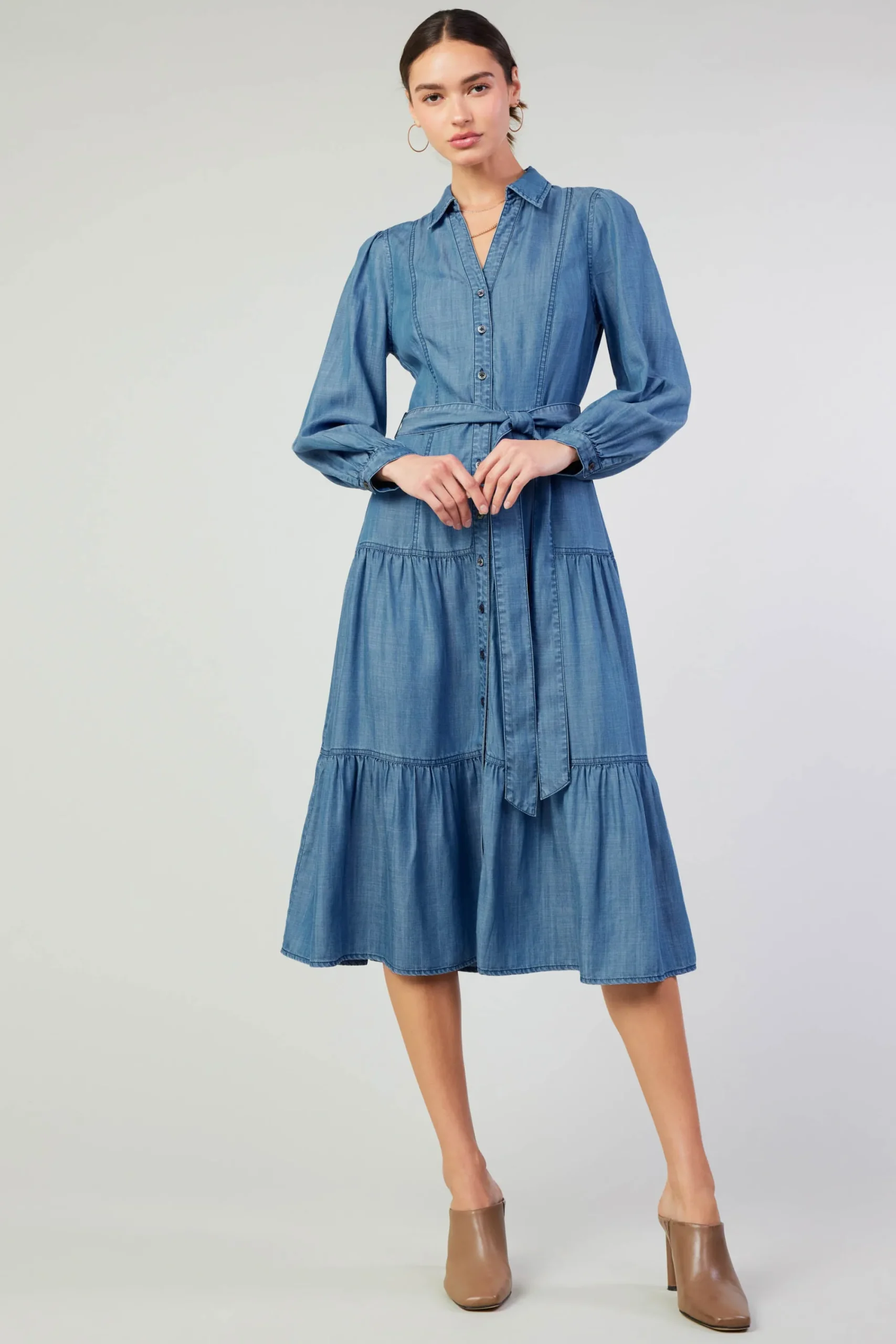 Current Air Midi Dresses-Belted Collar Shirt Dress CHAMBRAY