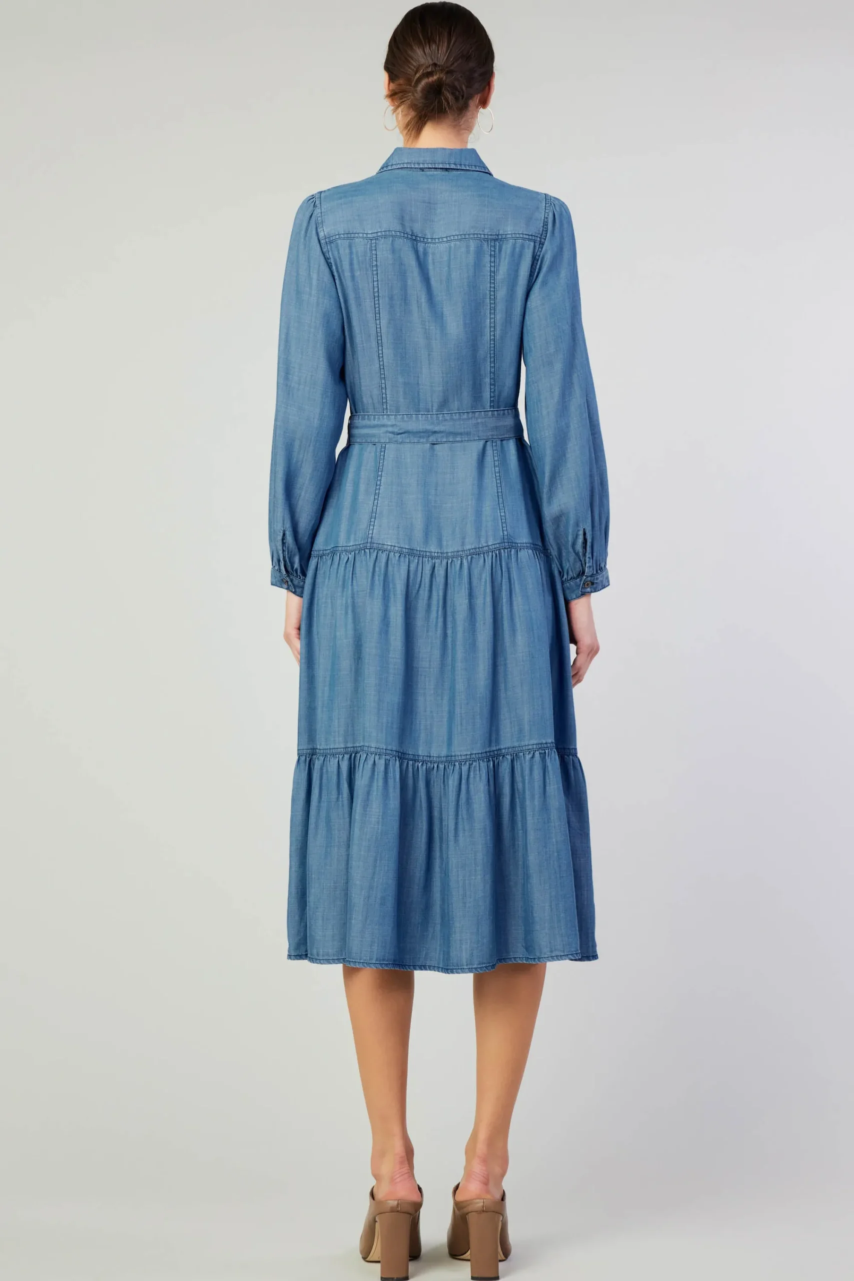 Current Air Midi Dresses-Belted Collar Shirt Dress CHAMBRAY