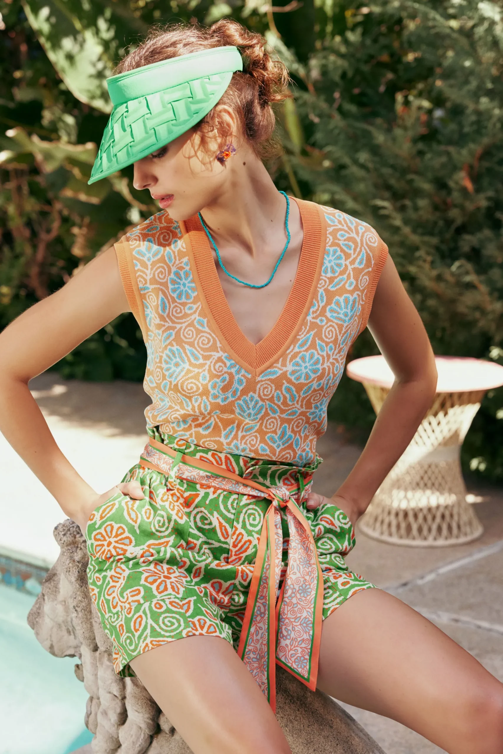 Current Air Shorts-Belted Floral Patterned Shorts GREENORANGEMLT