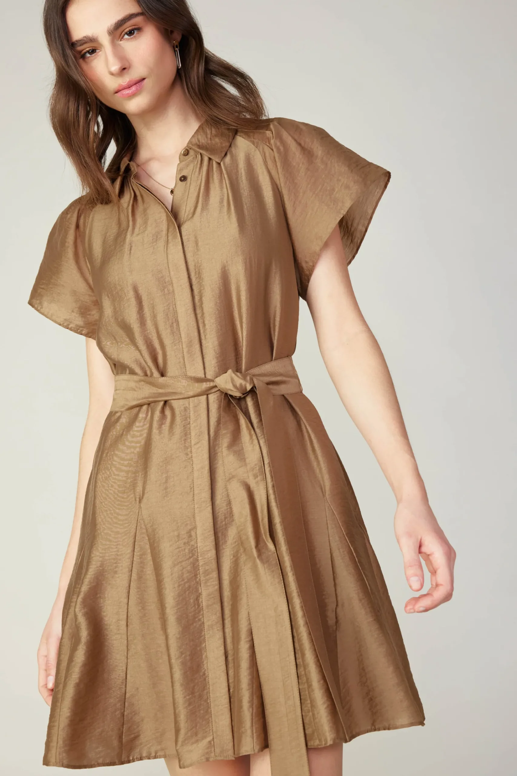 Current Air Mini Dresses-Belted Godet Mini Dress LATTE