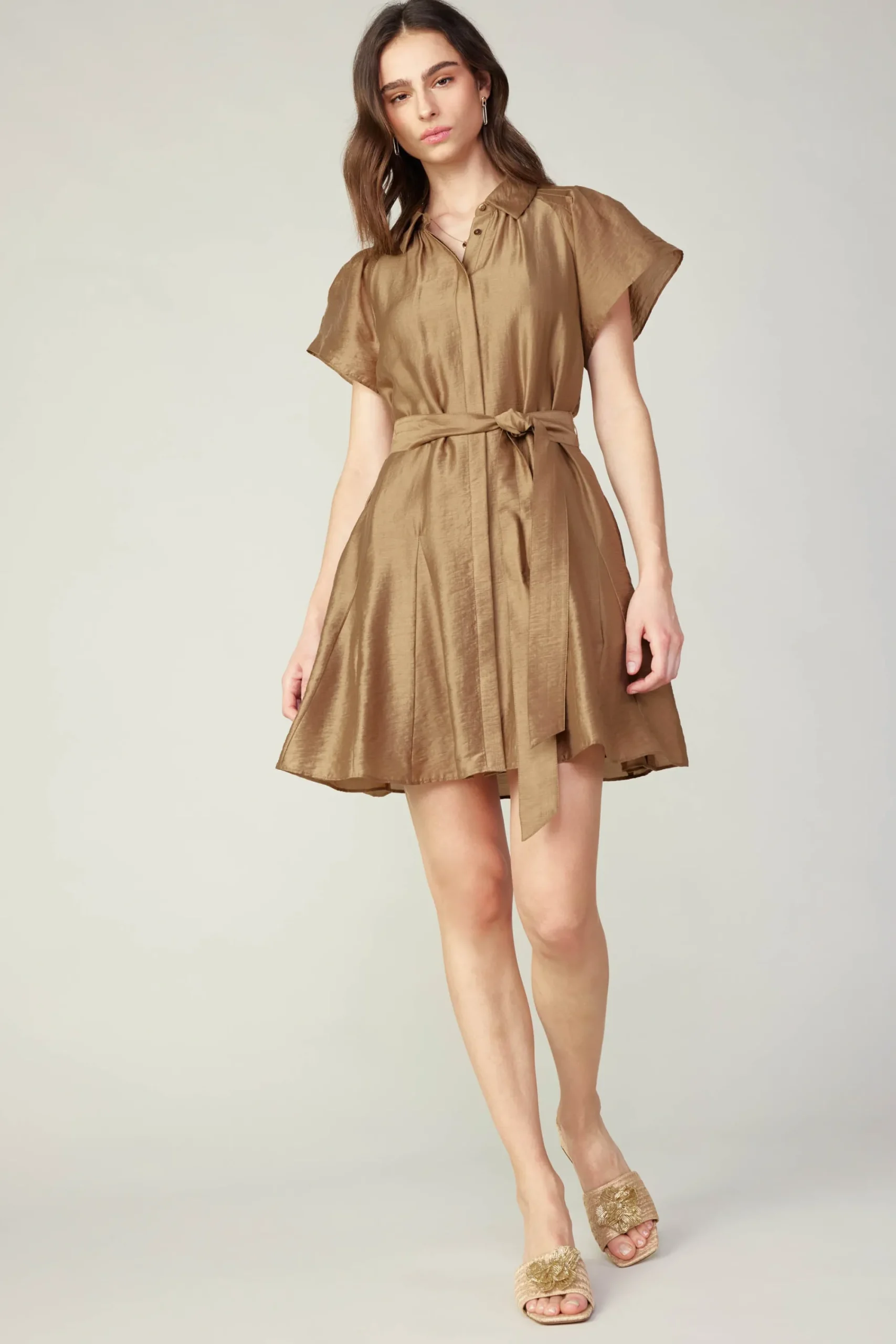 Current Air Mini Dresses-Belted Godet Mini Dress LATTE