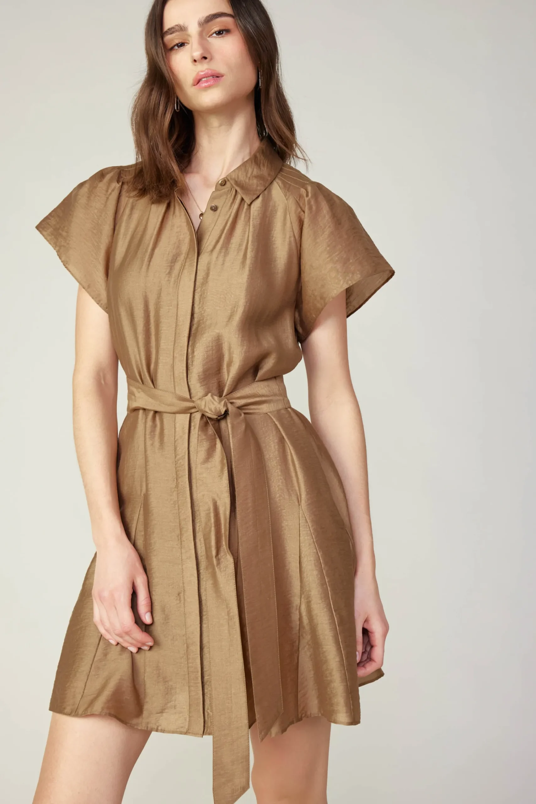 Current Air Mini Dresses-Belted Godet Mini Dress LATTE