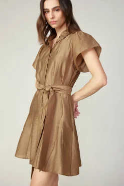 Current Air Mini Dresses-Belted Godet Mini Dress LATTE