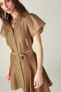 Current Air Mini Dresses-Belted Godet Mini Dress LATTE
