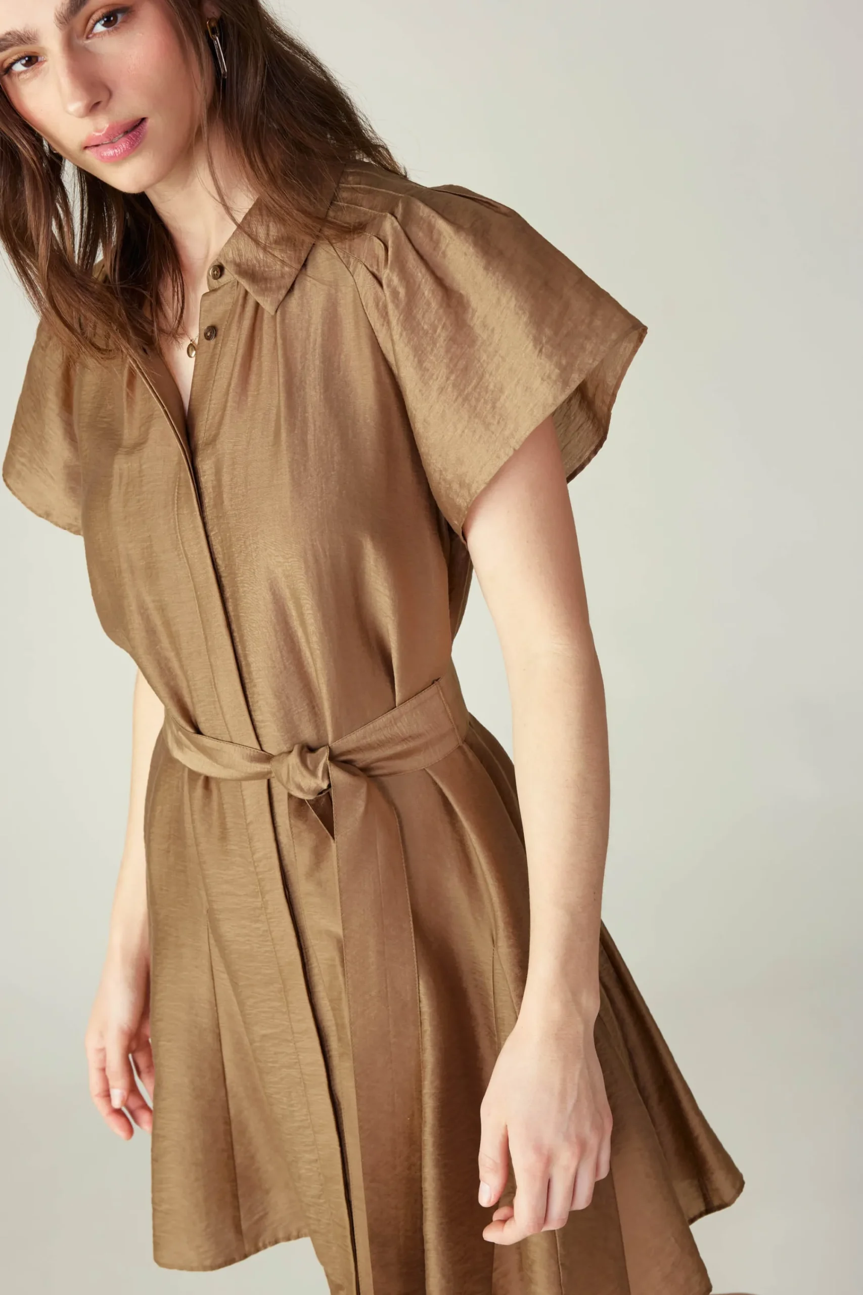 Current Air Mini Dresses-Belted Godet Mini Dress LATTE