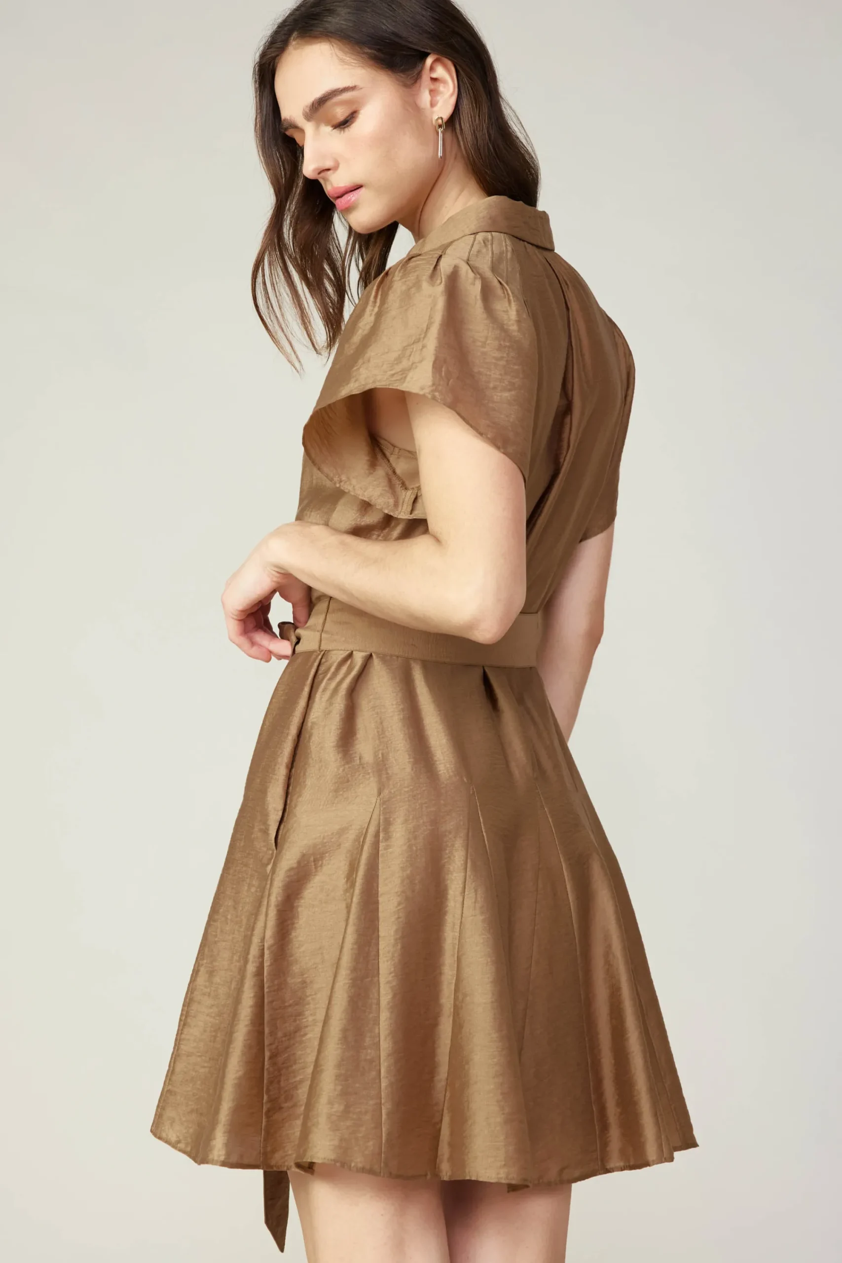 Current Air Mini Dresses-Belted Godet Mini Dress LATTE