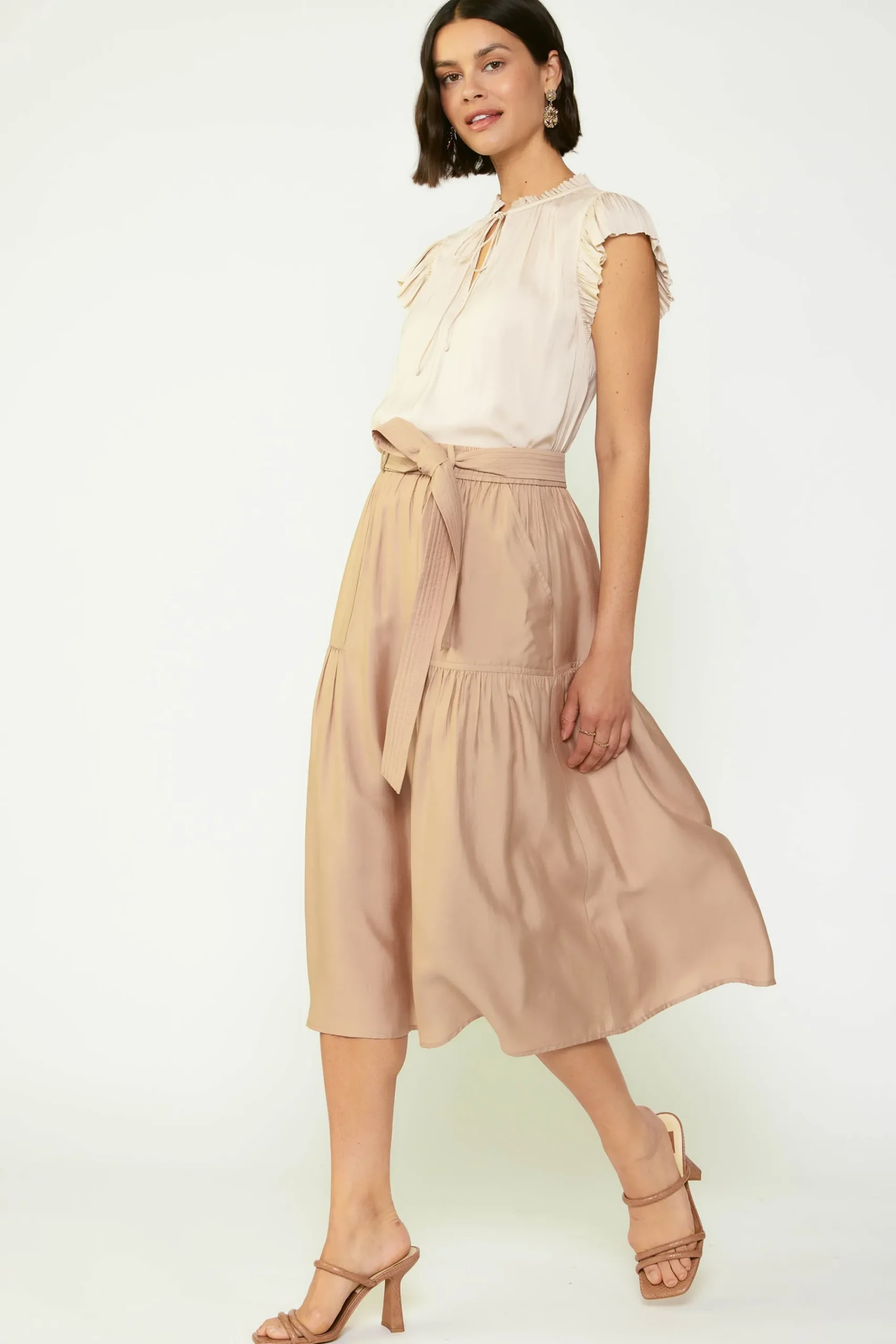 Current Air Skirts-Belted Midi Skirt SAND