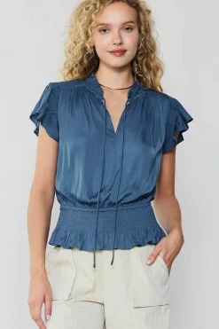 Current Air Short Sleeve Tops-Blair Smocked Top DARKDUSTYBLUE