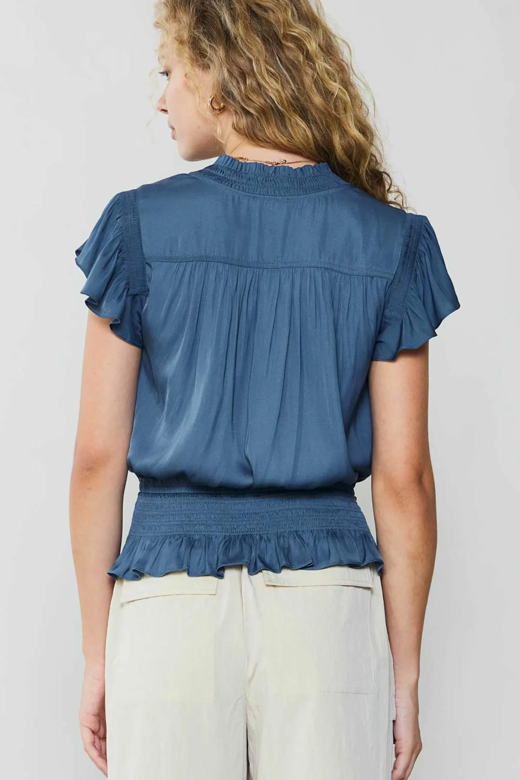 Current Air Short Sleeve Tops-Blair Smocked Top DARKDUSTYBLUE
