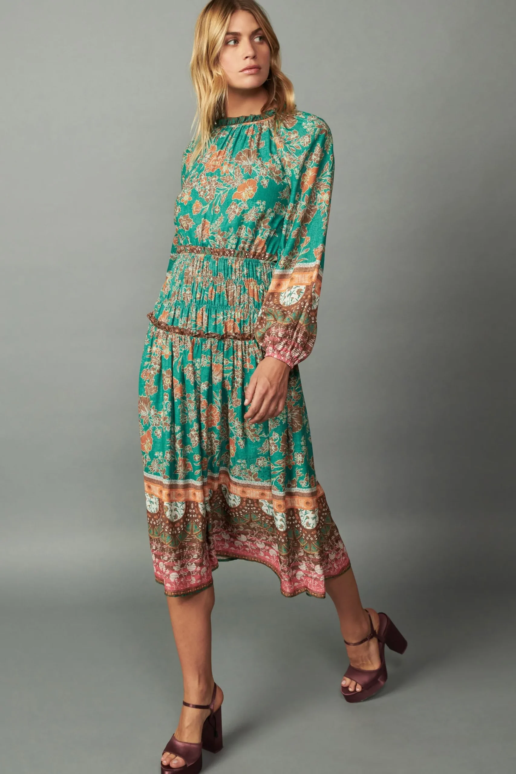 Current Air Midi Dresses-Border Multi Print Midi Dress GREENMLT