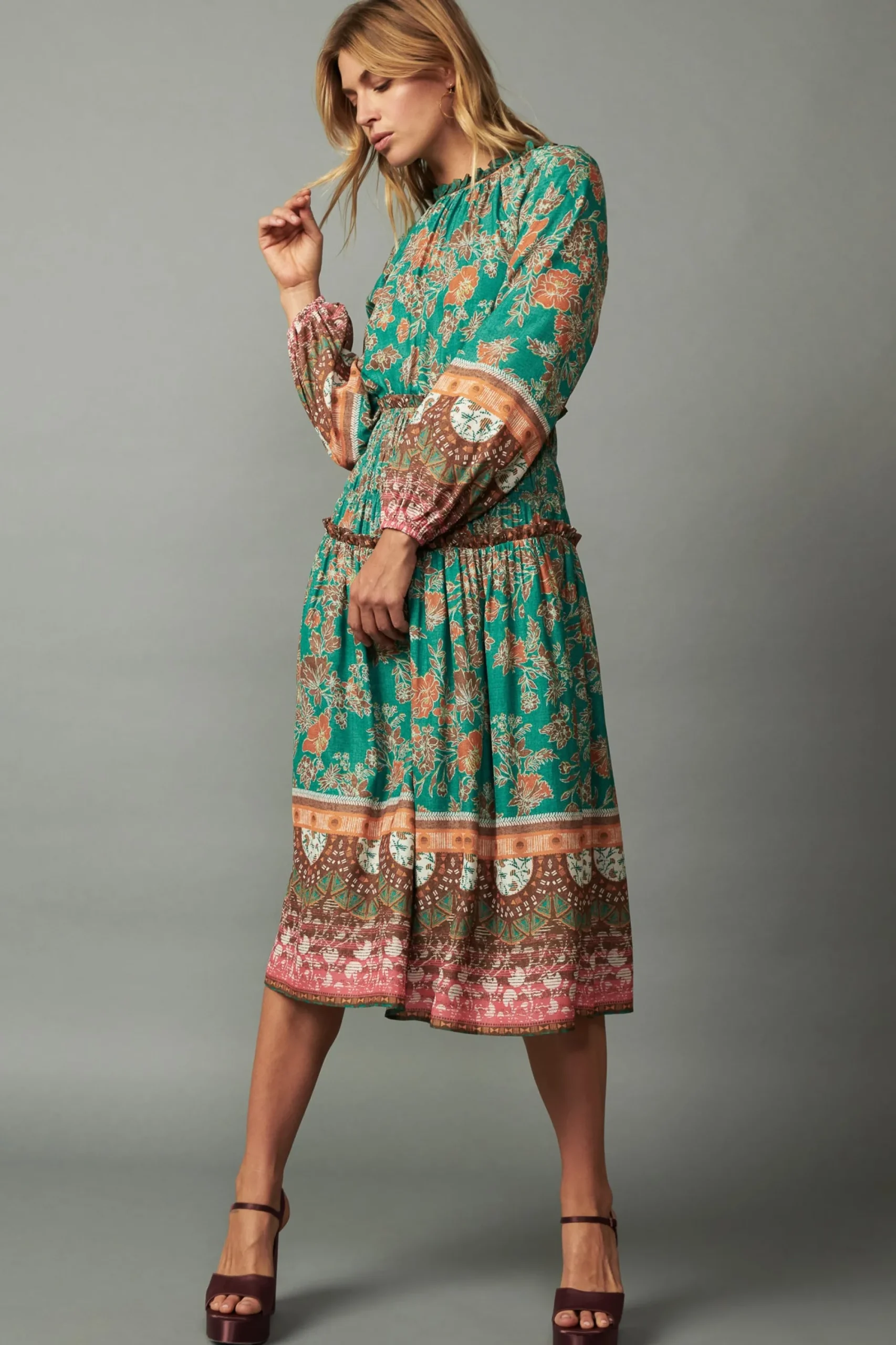 Current Air Midi Dresses-Border Multi Print Midi Dress GREENMLT