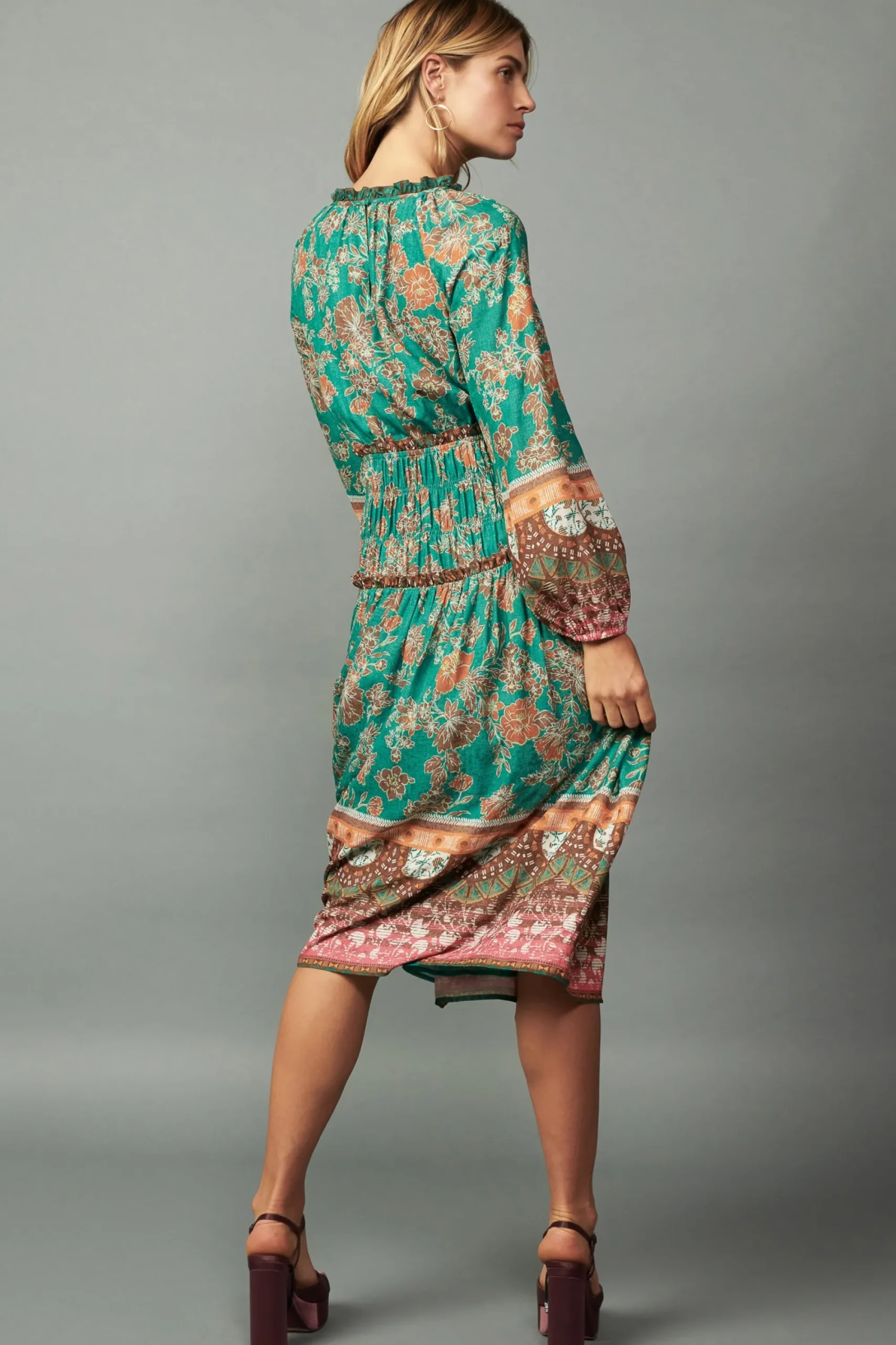 Current Air Midi Dresses-Border Multi Print Midi Dress GREENMLT